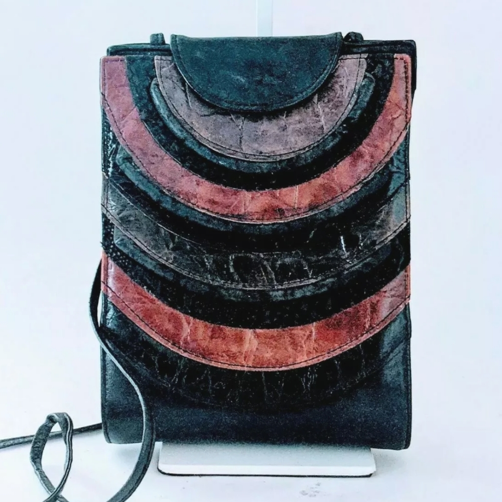 VINTAGE 70s Black Brown Tan Textured & Crock Leather Shoulder Crossbody Bobo Bag